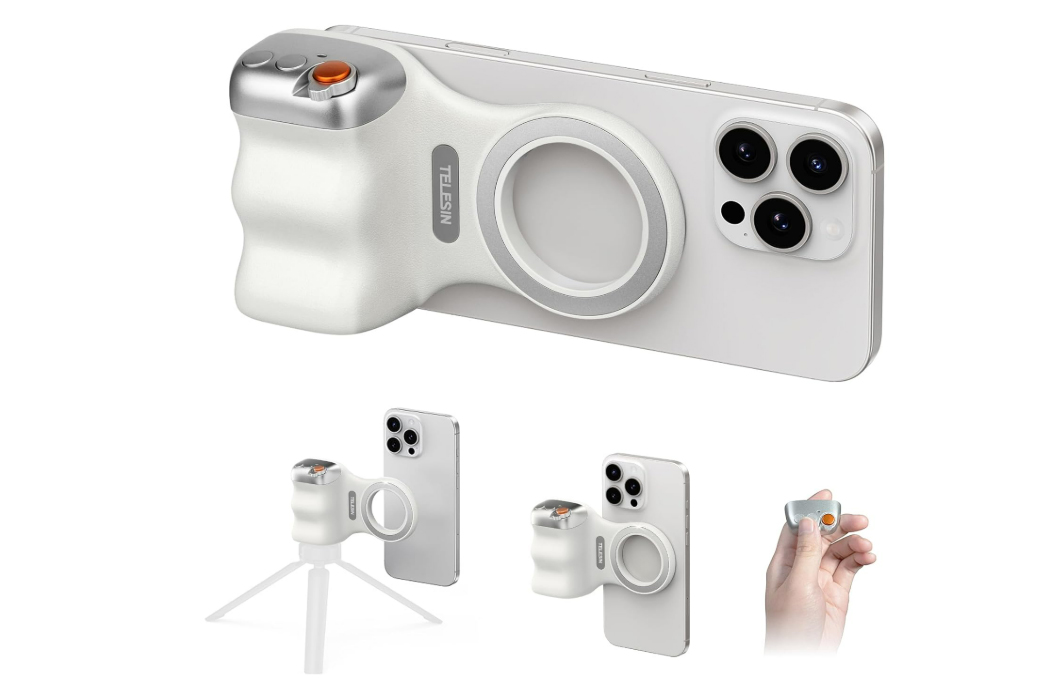 Magnetic Phone Camera Grip, Smartphone Shooting Holder Selfie Handle Snap with Wireless Shutter Button Remote for iPhone 16 15 14 13 12 Pro Max Android Cellphone Vlog Video Photography(White)