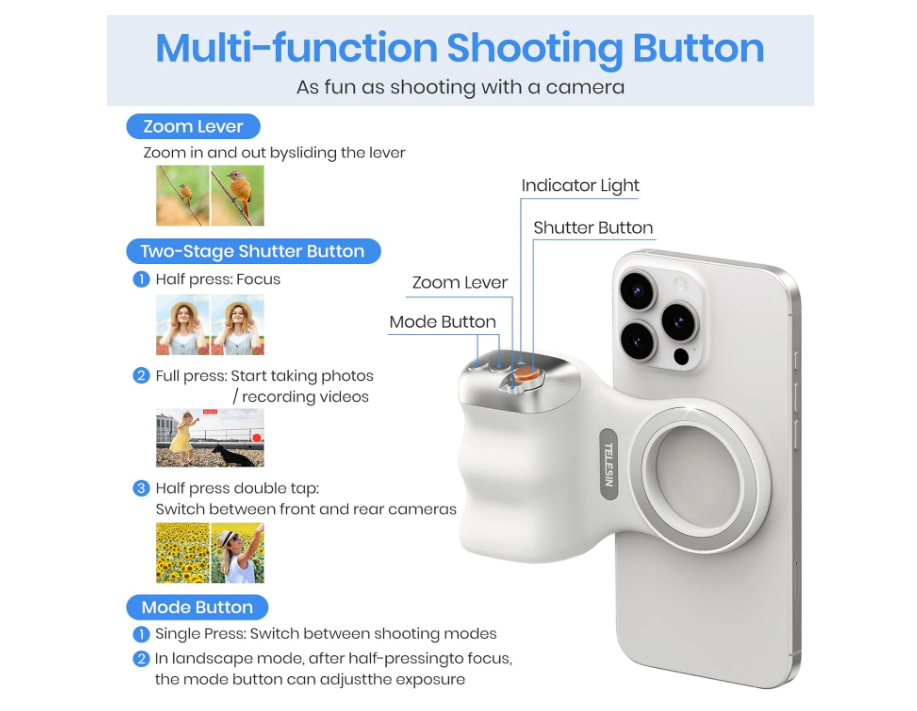 Magnetic Phone Camera Grip, Smartphone Shooting Holder Selfie Handle Snap with Wireless Shutter Button Remote for iPhone 16 15 14 13 12 Pro Max Android Cellphone Vlog Video Photography(White) - Image 2