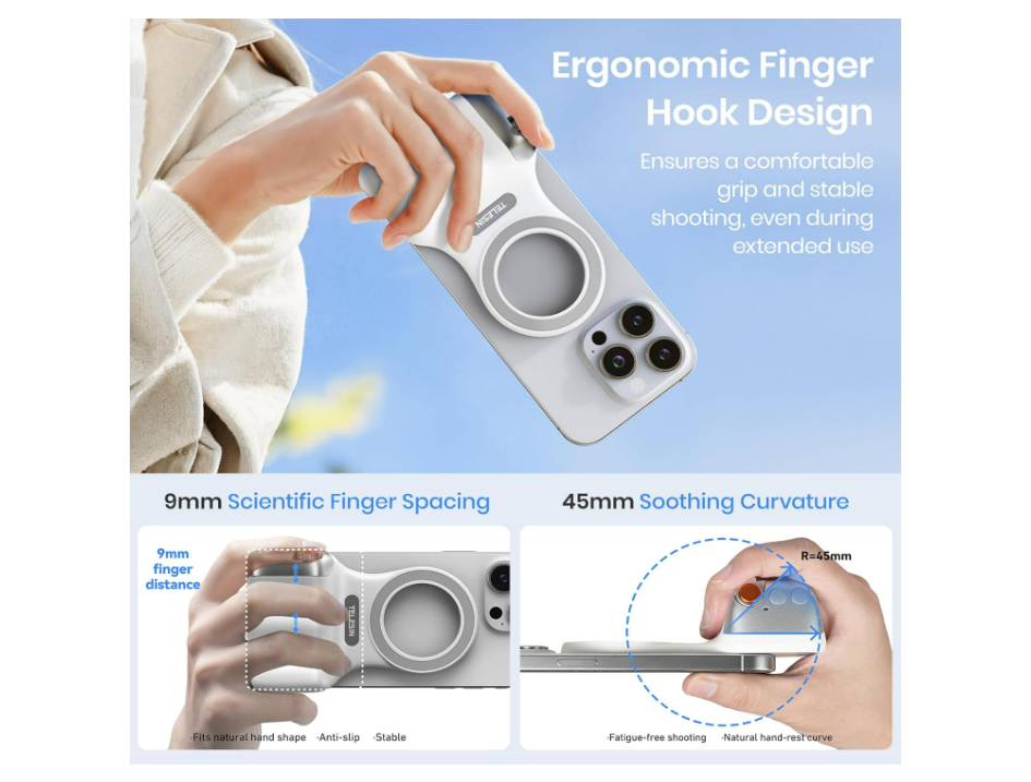 Magnetic Phone Camera Grip, Smartphone Shooting Holder Selfie Handle Snap with Wireless Shutter Button Remote for iPhone 16 15 14 13 12 Pro Max Android Cellphone Vlog Video Photography(White) - Image 3