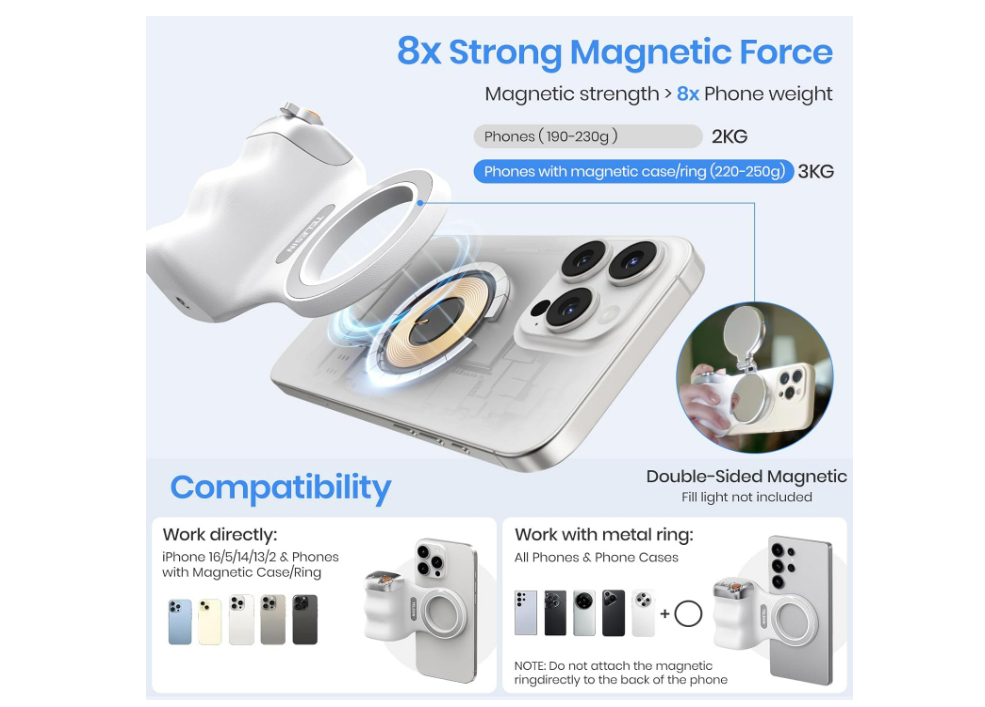 Magnetic Phone Camera Grip, Smartphone Shooting Holder Selfie Handle Snap with Wireless Shutter Button Remote for iPhone 16 15 14 13 12 Pro Max Android Cellphone Vlog Video Photography(White) - Image 5