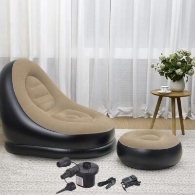 Inflatable Sofa Chair with Footstool – Outdoor Folding Lounger & Lazy Couch, 2-in-1 Portable Air Lounge Bed Set with Pump, Flocking Surface Recliner for Camping & Home (Multicolor)