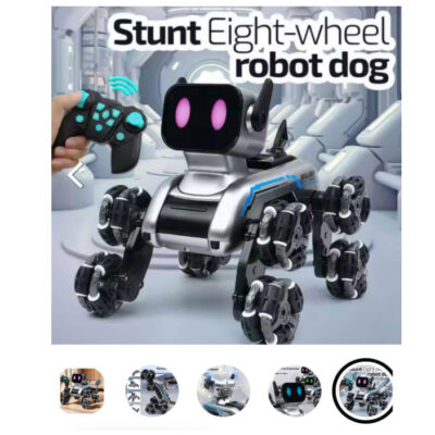 8-Wheel RC Stunt Robot Dog — 2.4GHz Remote Control Pet Dog Toy with Drift Wheels, 360° Spins, LED Eyes, Cool Smoke Effect & Rechargeable Battery — Interactive Robotic Puppy for Kids (Metal)